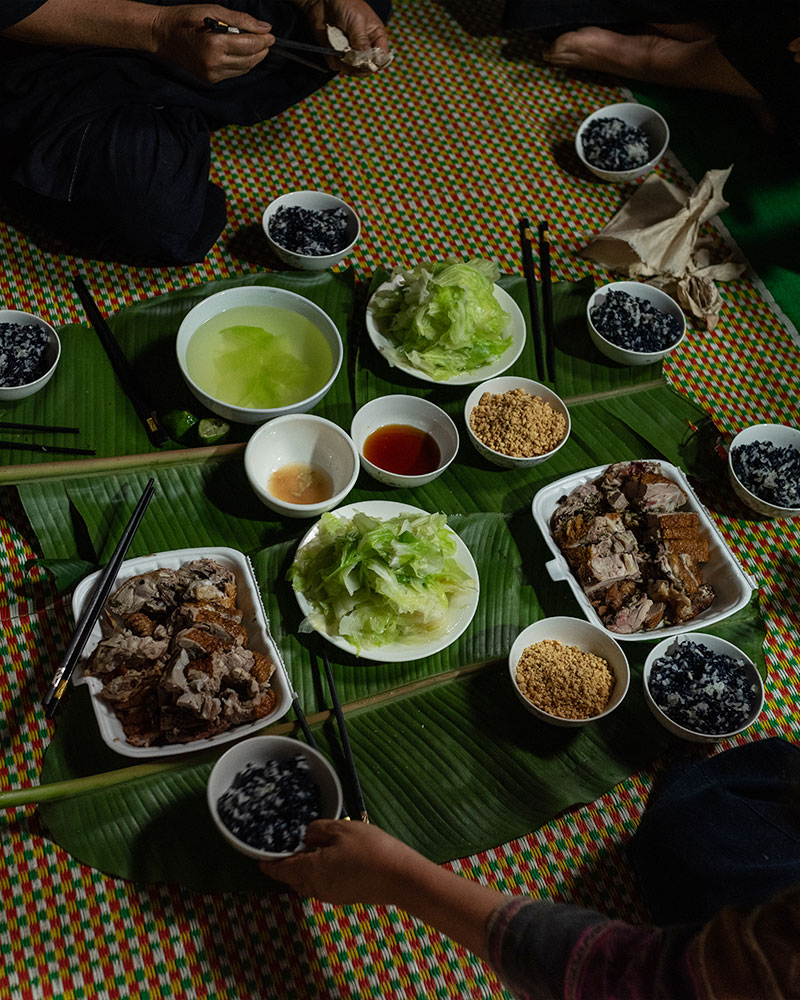 A lunch spread of roasted pork and sticky rice.